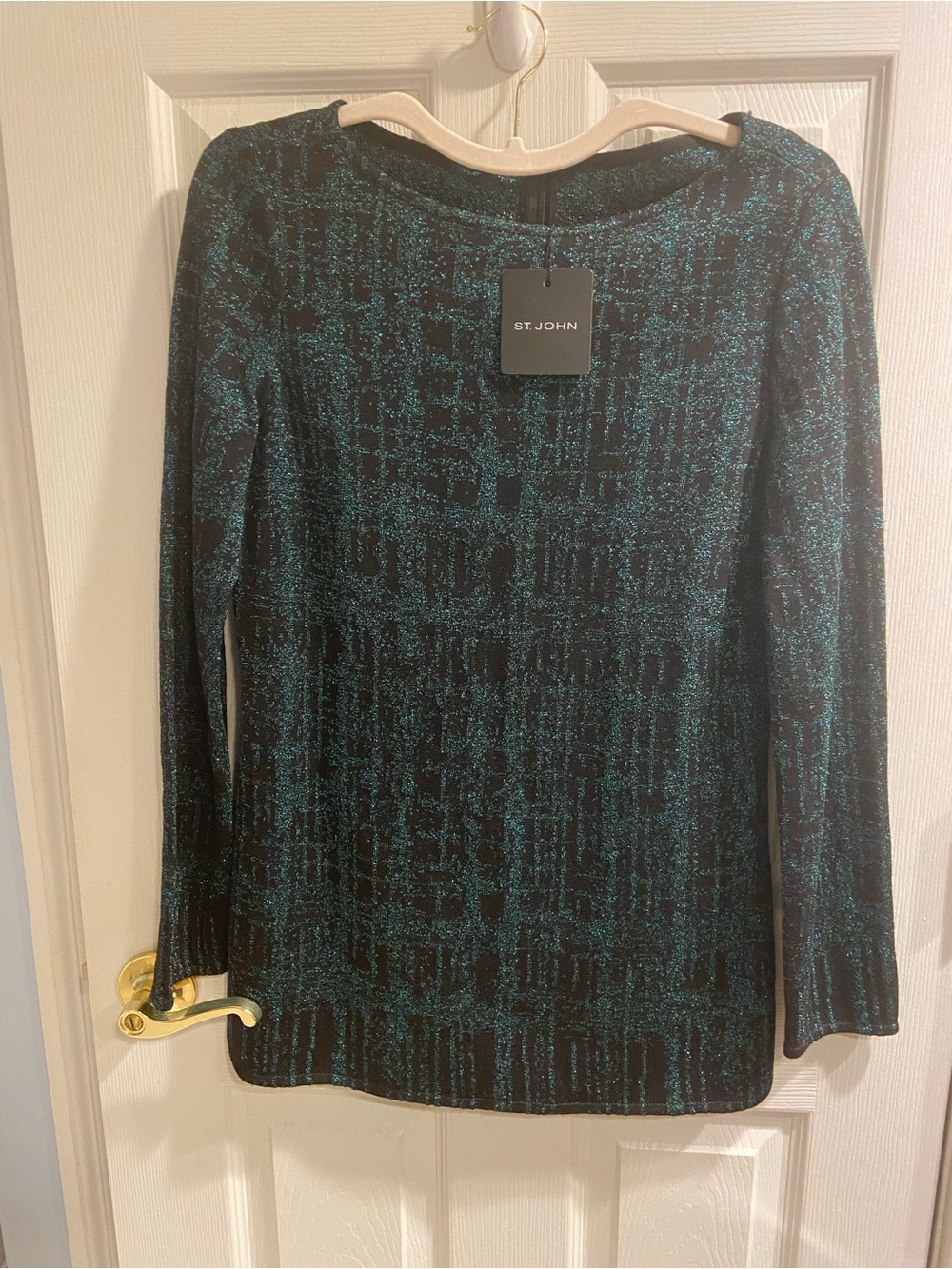 St. John Teal and Black Sparkle Long-Sleeve Tunic with side slits size 4 ptp 19”